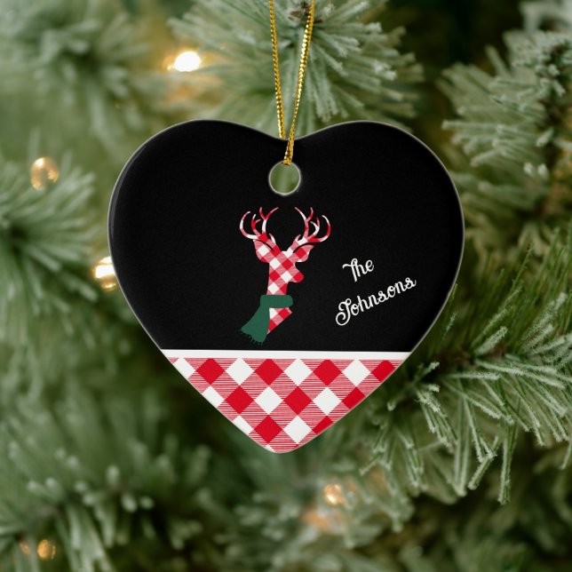 Trendy Plaid Christmas Deer Personalized Ceramic Ornament (Tree)