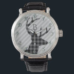 Trendy Plaid Deer and Grey Striped Monogrammed  Watch<br><div class="desc">Stylish plaid deer profile and grey striped watch with elegant monogram.</div>