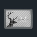 Trendy Plaid Deer and Grey Striped Personalised Trifold Wallet<br><div class="desc">Stylish plaid deer profile and grey striped wallet with elegant monogram.</div>