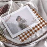 Trendy Plaid Merry & Married Mr. & Mrs. Photo Holiday Card<br><div class="desc">Celebrate your first Christmas as newlyweds with this beautifully designed 'Merry & Married' card, featuring an intimate photo layout and a stylish salted caramel and white buffalo check plaid backer. Perfect for sending warm holiday wishes to family and friends, this card captures the elegance of a special moment and the...</div>
