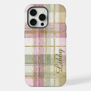 Trendy Plaid Pink Green Monogram iPhone 15 Pro Max Case