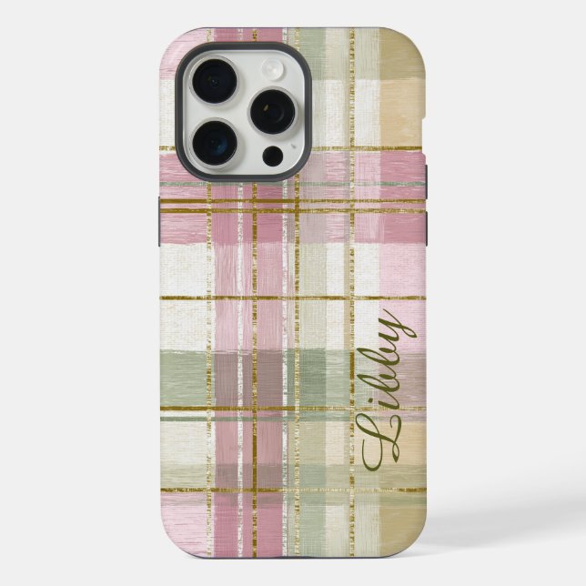Trendy Plaid Pink Green Monogram iPhone Case (Back)