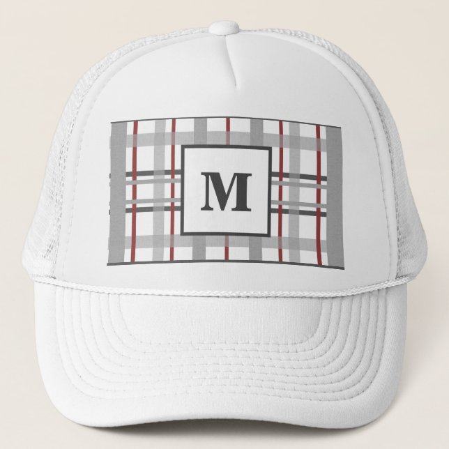 Trendy Plaid Red Grey Silver Custom Monogram Trucker Hat (Front)
