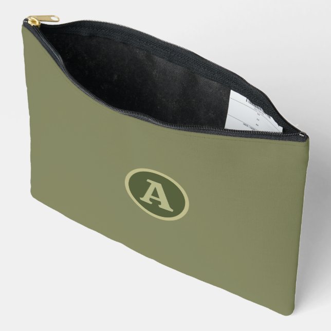 Trendy Plain Army Green Personalized Letter. Accessory Pouch (Open)