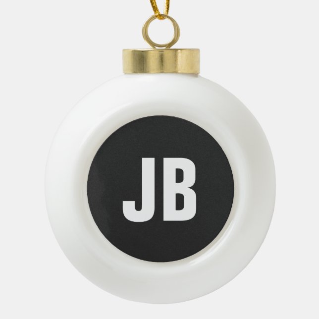 Trendy plain simple bold monogram initials black ceramic ball christmas ornament (Front)