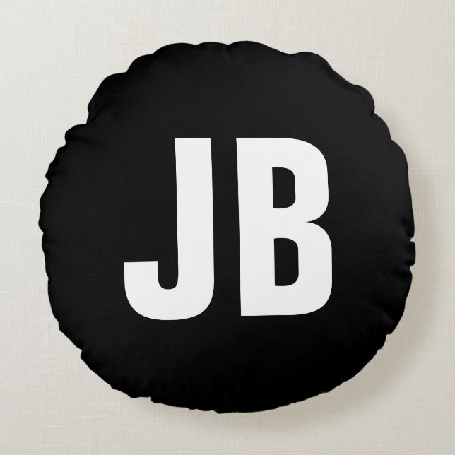 Trendy plain simple bold monogram initials black round pillow (Front)