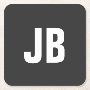 Trendy plain simple bold monogram initials black square paper coaster