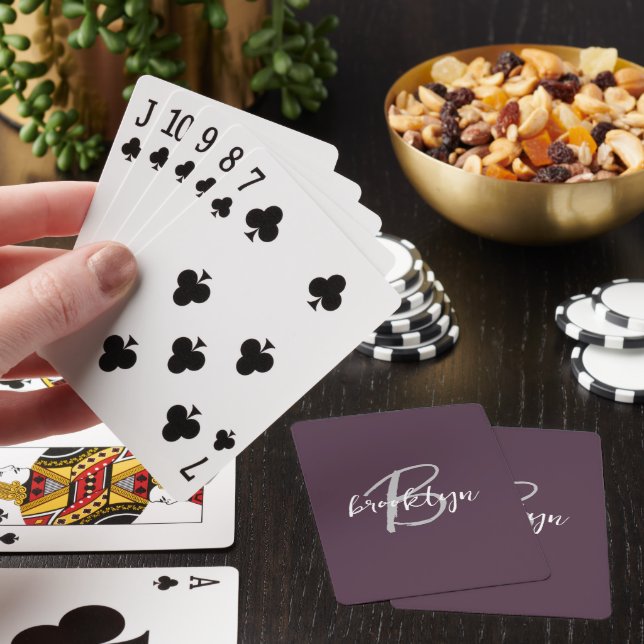 Trendy Plum Purple GrayWhite Script Monogram  Playing Cards (In Situ)
