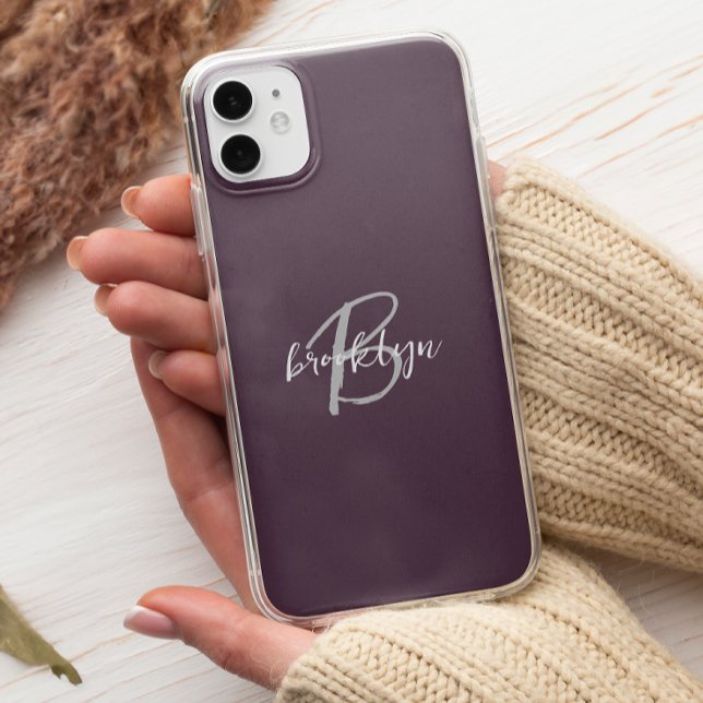 Trendy Plum Purple Grey White Script Monogram  Case-Mate iPhone Case (Creator Uploaded)