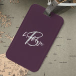 Trendy Plum Purple Grey White Script Monogram  Luggage Tag<br><div class="desc">This elegant personalized luggage tag feature a monogram and first name in modern grey and white script on a trendy plum purple background.</div>
