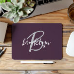 Trendy Plum Purple Grey White Script Monogram  Mouse Pad<br><div class="desc">This elegant personalized mouse pad features a monogram and first name in modern grey and white script on a trendy plum purple background.</div>