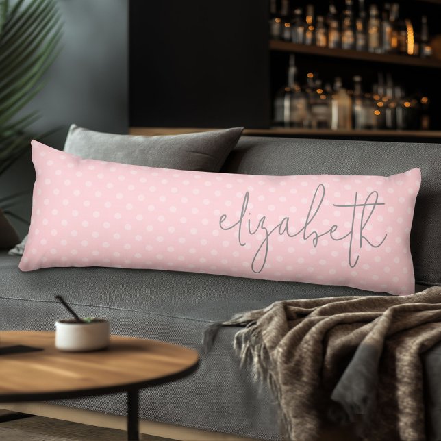 Trendy Polka Dot blush pink script grey name Body Pillow (Body Pillow with Monogram)