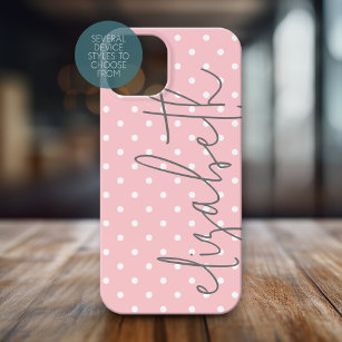 Trendy Polka Dot blush pink script grey name Case-Mate iPhone 14 Plus Case