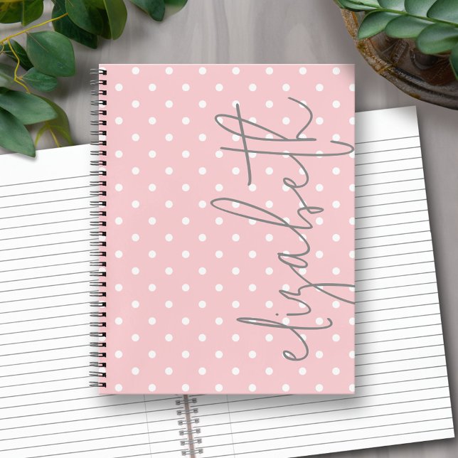 Trendy Polka Dot blush pink script grey name Notebook (Personalized Notebook with Custom Text)