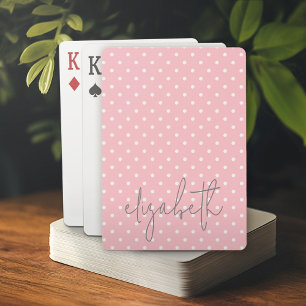 Trendy Polka Dot blush pink script grey name Playing Cards