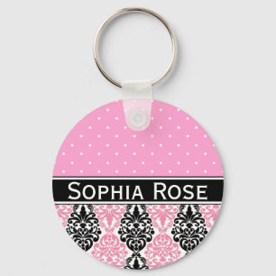 Trendy Polka Dot Damask Pattern with Name Keychain