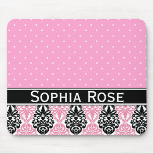 Trendy Polka Dot Damask Pattern with Name Mouse Pad
