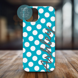 Trendy Polka Dot Pattern with name - blue grey iPhone 15 Case