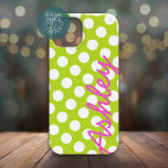 Trendy Polka Dot Pattern with name - green pink iPhone 15 Case<br><div class="desc">A bold,  graphic design with dots in fun colors -- Bright almost-neon looking colors with a retro 80s feel.</div>