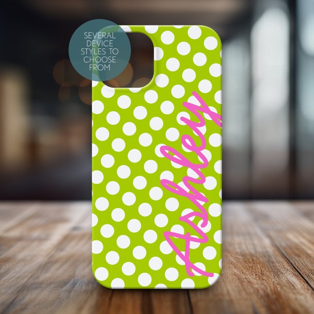 Trendy Polka Dot Pattern with name - green pink Case-Mate iPhone Case (Personalized Phone Case with Polka Dots and Custom Name)