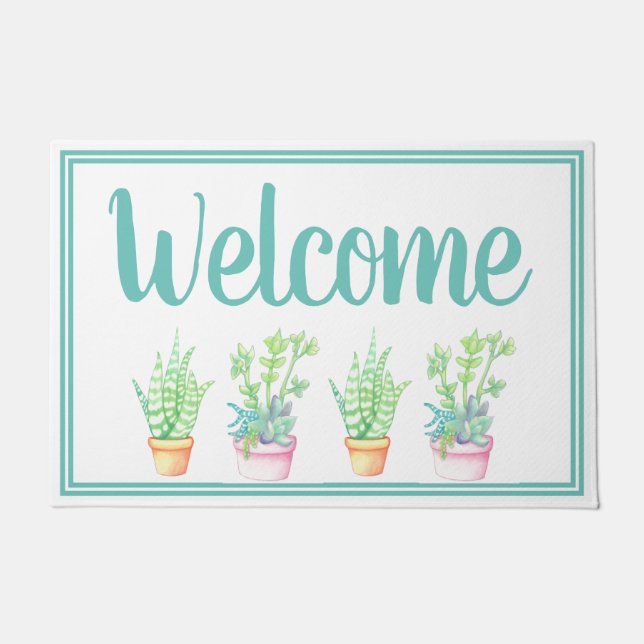 Trendy Potted Succulents Welcome Doormat (Front)