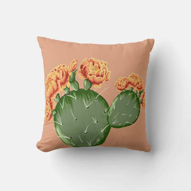 Trendy Prickly Pear Cactus & Cactus Flowers Throw Pillow (Front)