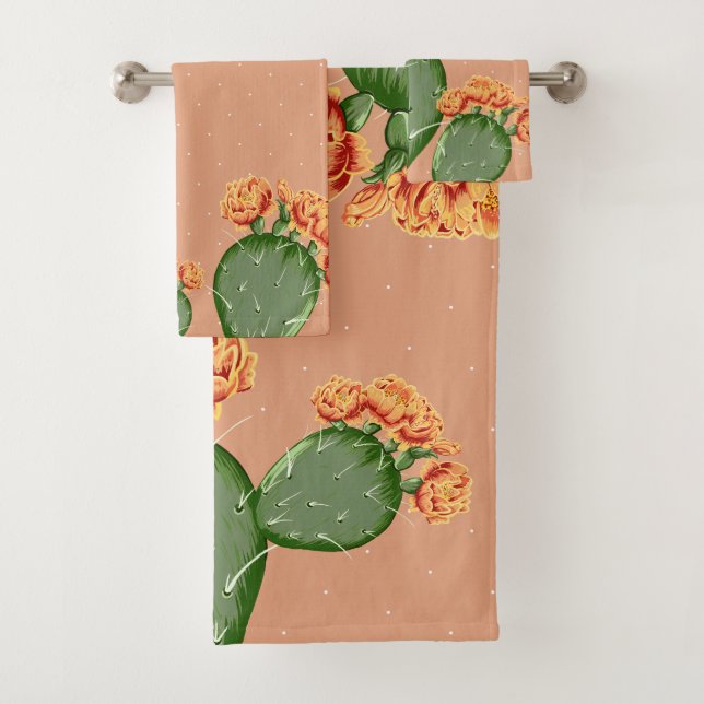 Trendy Prickly Pear Cactus & Flowers Bath Towel Set (Insitu)