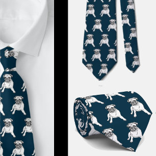 Trendy Pug Dog Navy Blue Classic Modern Neck Tie