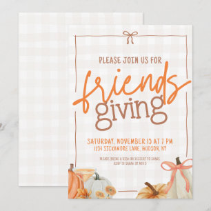 Trendy Pumpkin Bow Plaid Friendsgiving Invitation