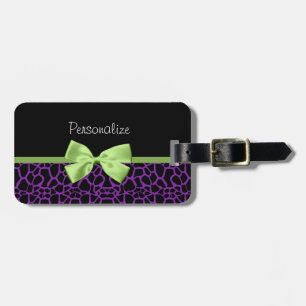 Trendy Purple And Black Giraffe With Green Ribbon Luggage Tag