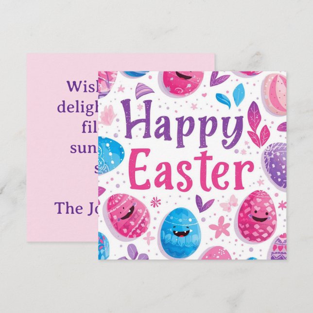 Trendy Purple and Pink Easter Eggs personalized Holiday Card (Front/Back)