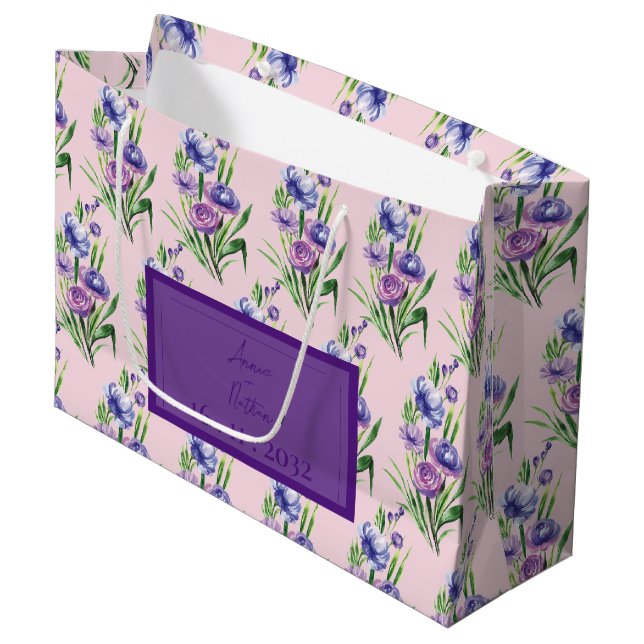 Trendy Purple Blue Floral Pattern Wedding Favour  Large Gift Bag (Front Angled)