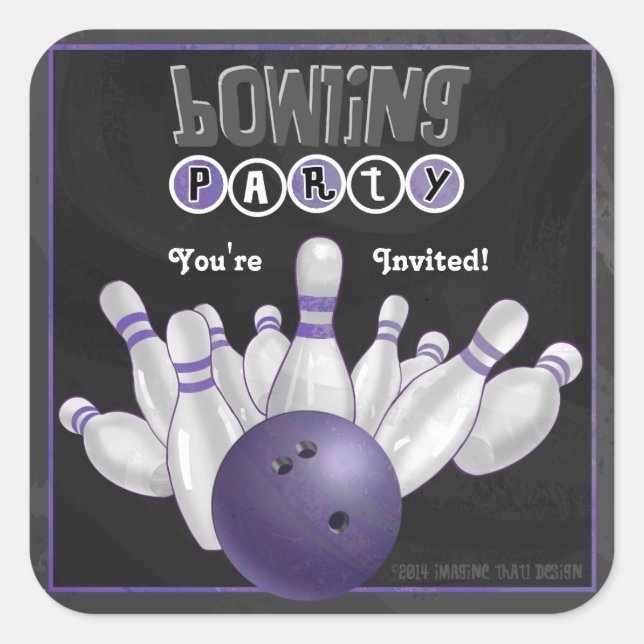 Trendy Purple Bowling Party Invite Sticker (Front)
