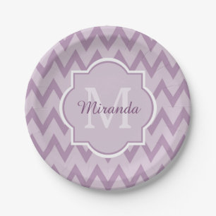 Trendy Purple Chevron Zigzag Name and Monogram Paper Plate