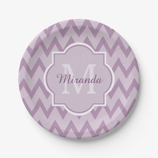 Trendy Purple Chevron Zigzag Name and Monogram Paper Plate (Front)