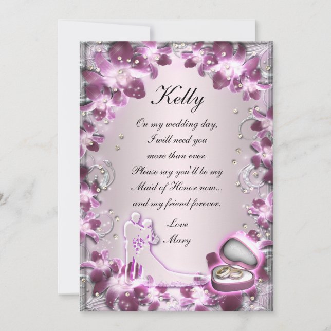 Trendy Purple Floral Chic Maid Of Honour Card (Front)