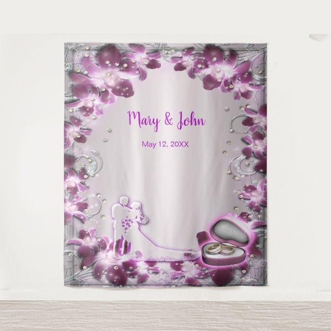 Trendy Purple Floral Chic Wedding Backdrop Tapestry (Front)