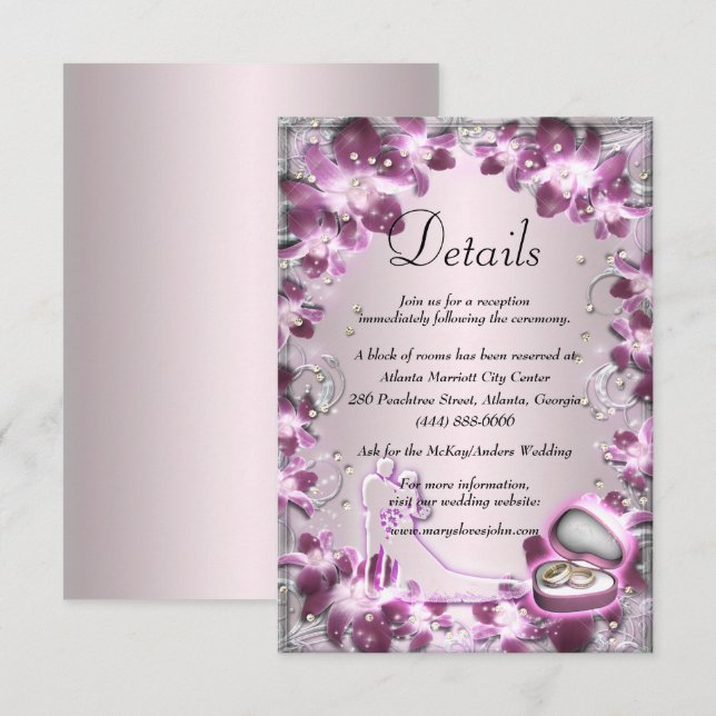 Trendy Purple Floral Chic Wedding Details Enclosure Card (Front/Back)