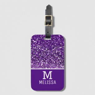 Trendy Purple Glitter Name Monogram Initial Luggage Tag