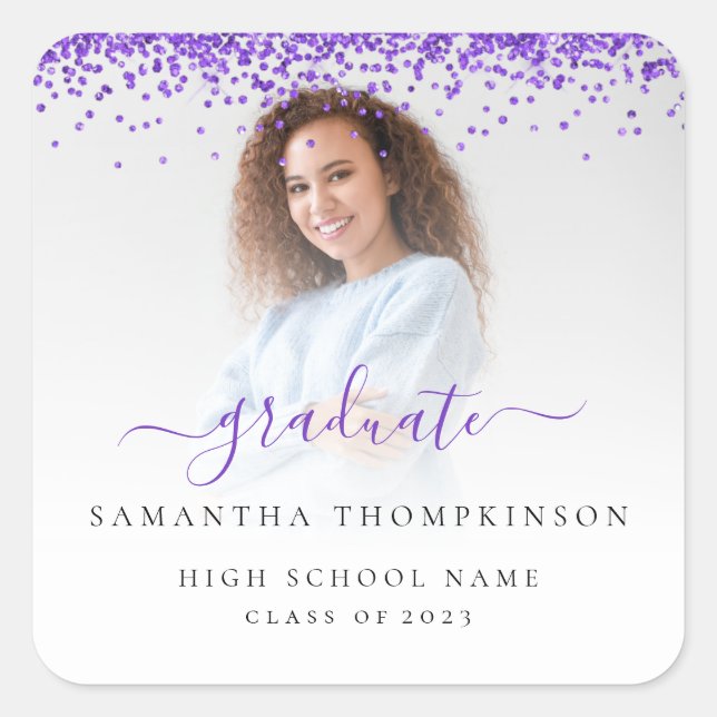 Trendy Purple Glitter Photo 2024 Graduation Square Square Sticker (Front)