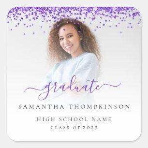 Trendy Purple Glitter Photo 2024 Graduation Square Sticker