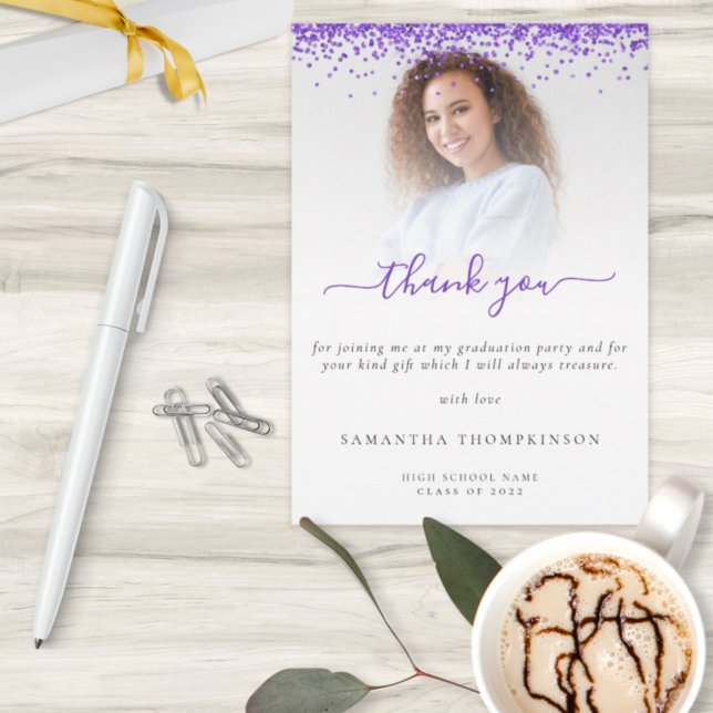 Trendy Purple Glitter Photo Graduation Thank  Thank You Card (Creator Uploaded)