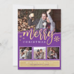 Trendy Purple Gold Merry Christmas Photo Collage Holiday Card<br><div class="desc">Stylish and modern holiday photo card featuring whimsical calligraphy script text that says MERRY CHRISTMAS accented with faux gold snowflakes on a rich purple background. The card comes with a matching snowflake pattern design on the back.</div>