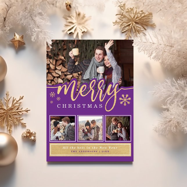 Trendy Purple Gold Merry Christmas Photo Collage Holiday Card (Creator Uploaded)