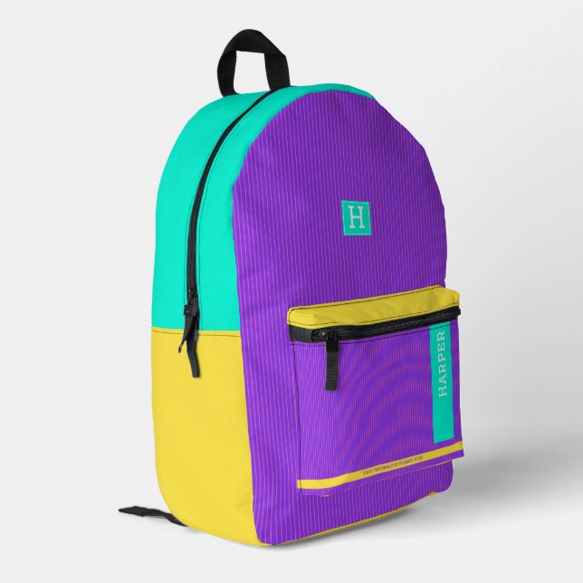 Trendy Purple Green and Yellow Personalized Name  Printed Backpack (Back Corner Left)