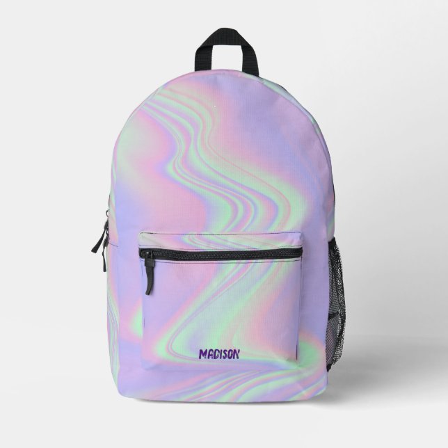 Trendy Purple Hologram Abstract Opal Custom Name Printed Backpack (Front)
