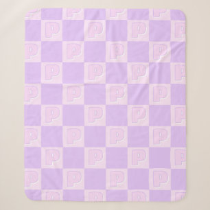 Trendy Purple Monogram Initial Checkered Sherpa Blanket