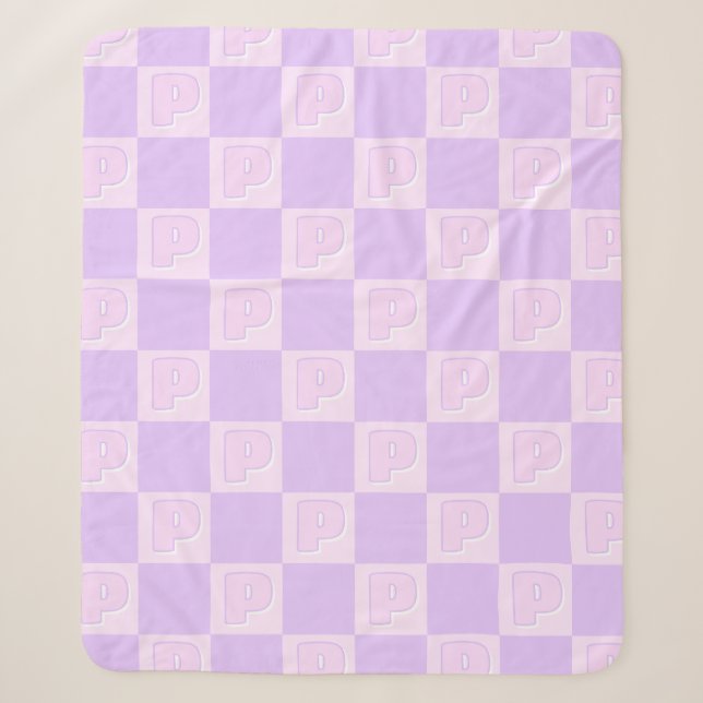 Trendy Purple Monogram Initial Checkered  Sherpa Blanket (Front)