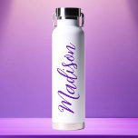 Trendy Purple Name Handwritten Script Custom Water Bottle<br><div class="desc">A cute personalized purple monogram water bottle for a girl or guy who loves simple,  handwritten gifts. Beautiful cursive script down the side of your bottle spelling out your name.</div>