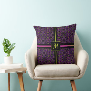 Trendy Purple Pattern Monogrammed Throw Pillow